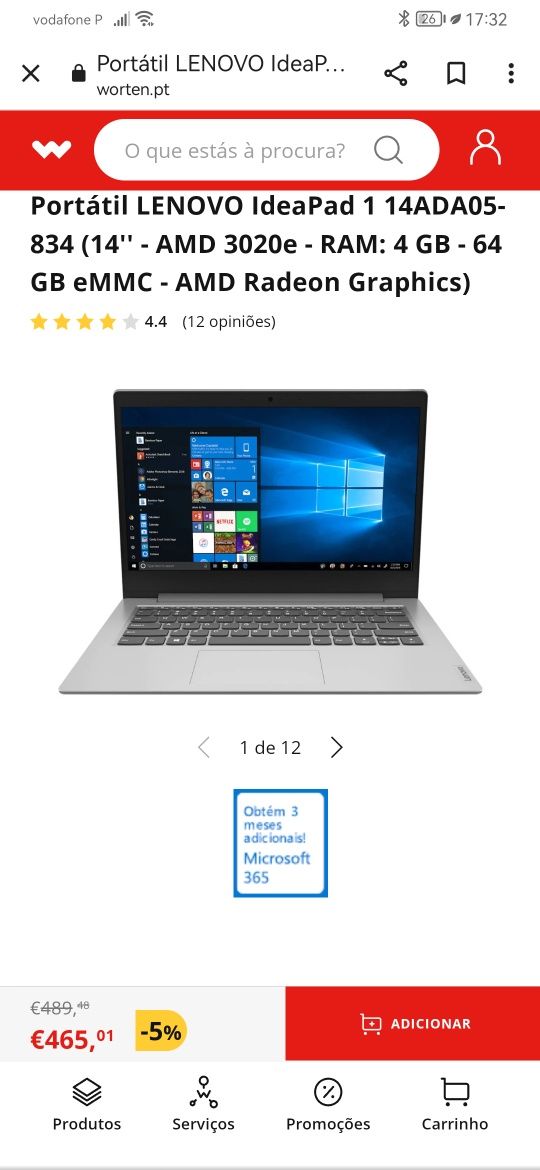 Computador portátil Lenovo IdeaPad slim 1 1-14ast-05 4 RAM