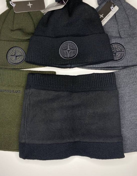 Мужская шапка и бафф STONE ISLAND с начесом с помпоном черная на флисе