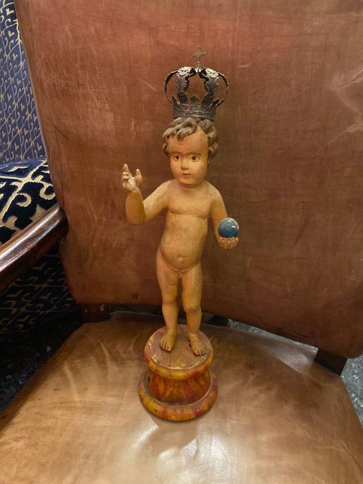 Menino Jesus Salvador do Mundo Madeira séc XIX Coroa Prata Portuguesa