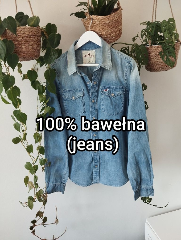 Niebieska, błękitna, jeansowa koszula, bawełniana, na zatrzaski r. L/X