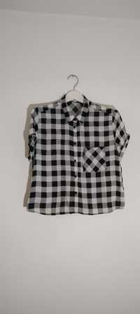 Bluzka oversize krótki rękaw koszula kratka biała czarna 40 L
