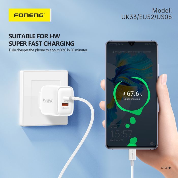Foneng Ładowarka Sieciowa Eu52 - Usb + Typ C - Qc 3.0 Pd 30W Biała