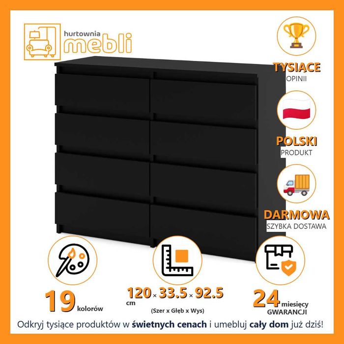Komoda Hugo 8 Szuflad Nowoczesna Szafka 120cm Do Salonu Sypialni Duża