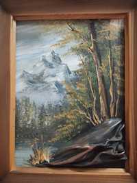 Obraz drewniana rama, fragment skóropodobny i widok na góry