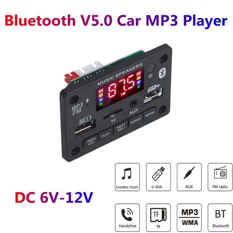 Беспроводной Bluetooth 5,0 модуль мр-3, TF-карта/USB/FM. Питание 6-14V