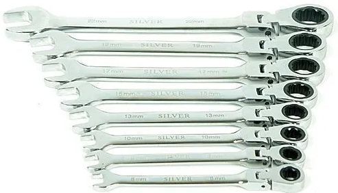 Набор ключей рожково-накидных с трещоткой и шарниром 8 шт SILVER