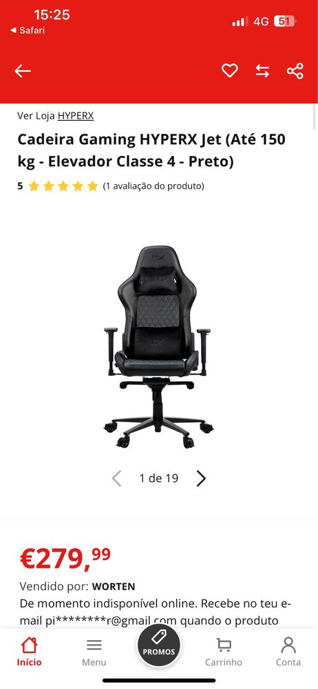 Cadeira Gaming HYPERX Jet (Elevador Classe 4 - Preto)