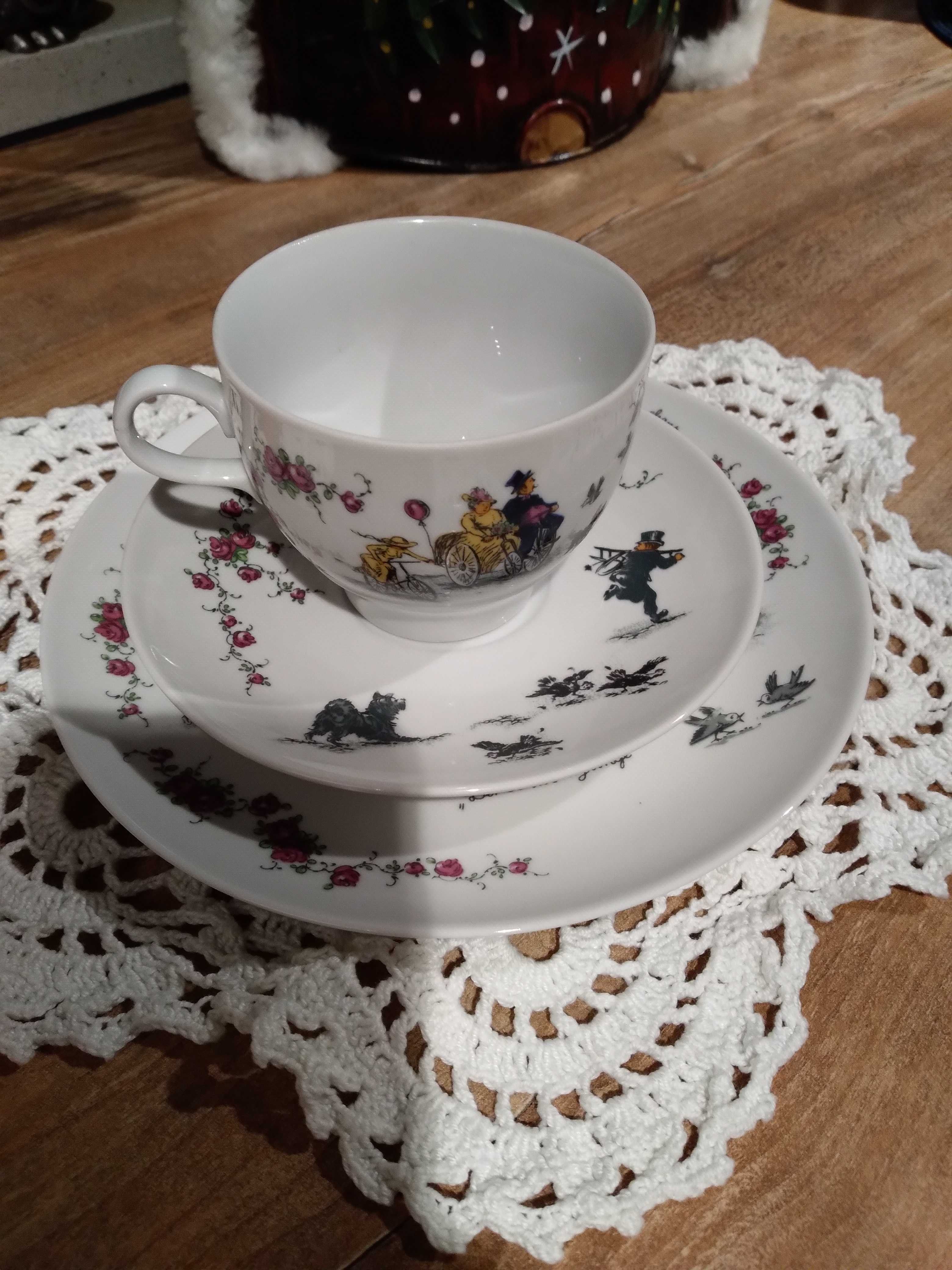 unikatowa filiżanka z dwoma talerzykami, porcelana