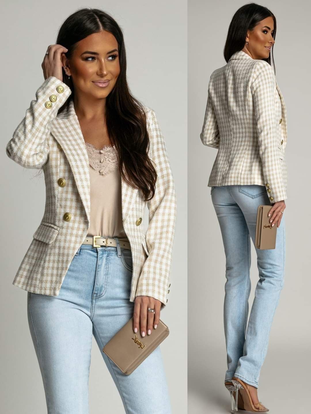 Marynarka beżowa w kratkę EDAN Balmain żakiet Xs/34