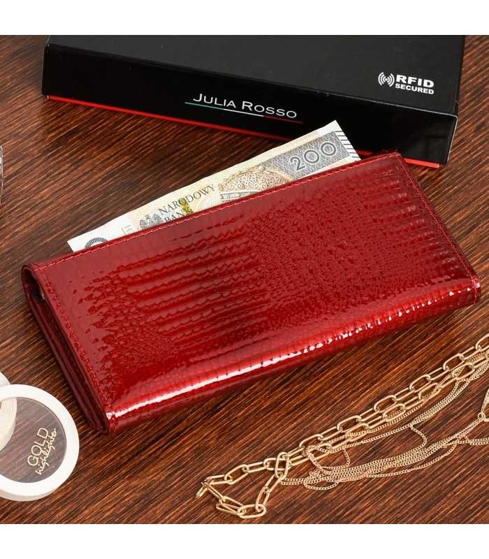 Czerwony portfel damski, duży skórzany, RFiD, croco , Julia Rosso