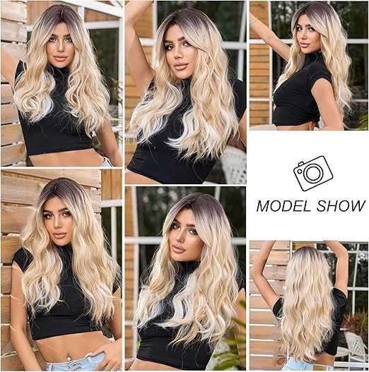 Peruka włosy długie blond ombre Kanekalon fale 60 cm