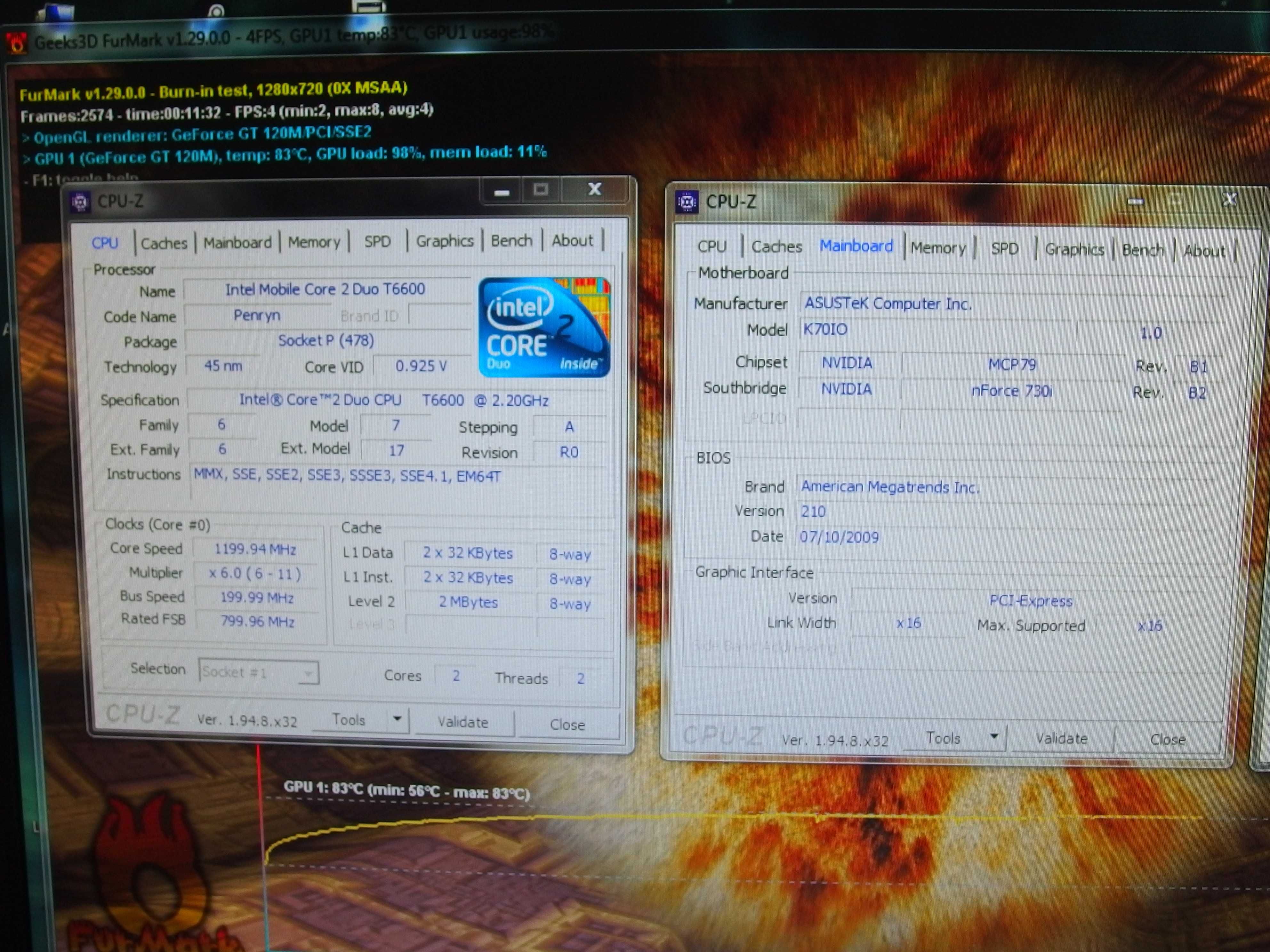 Laptop 17.3" Asus K70io Nvidia Gforce GT120M CPU intel T6600