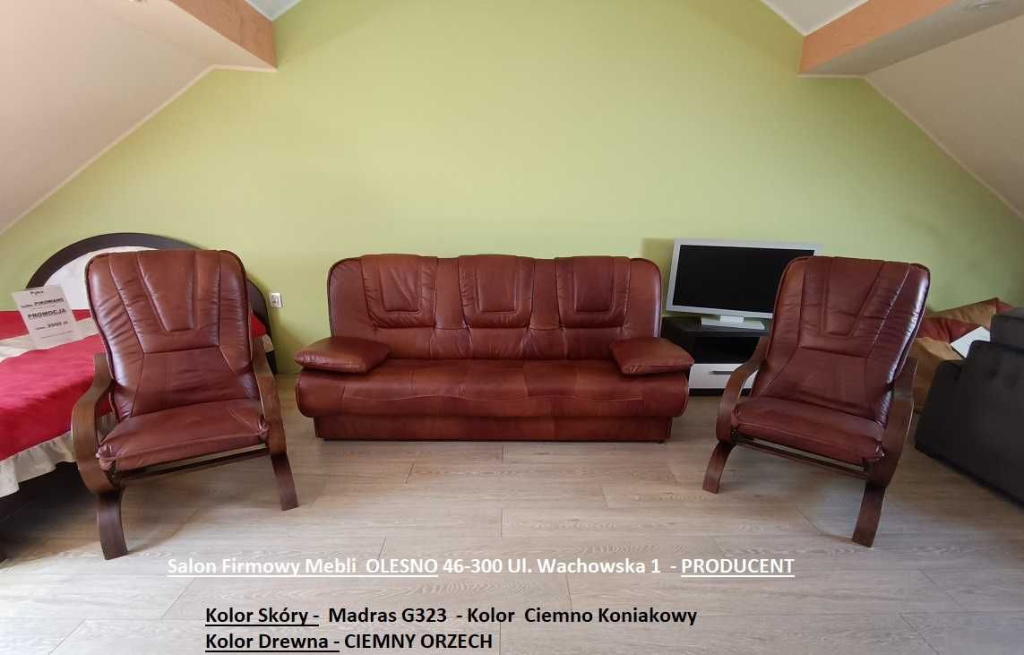 Nowy Komplet FINKA 3R+1+1 , Skóra Naturalna, ze spaniem + pojemnik