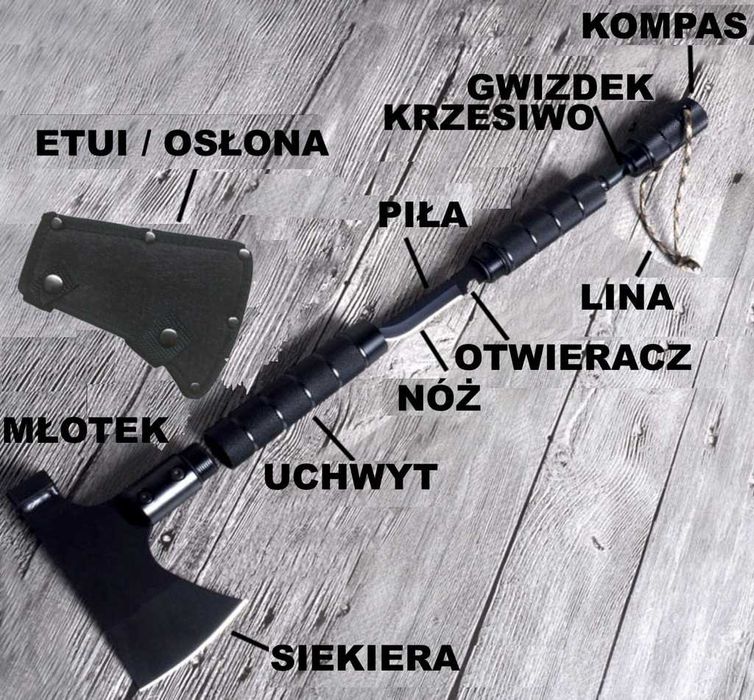 Siekiera Topór Toporek Nóż Maczeta Krzesiwo Kompas Piła