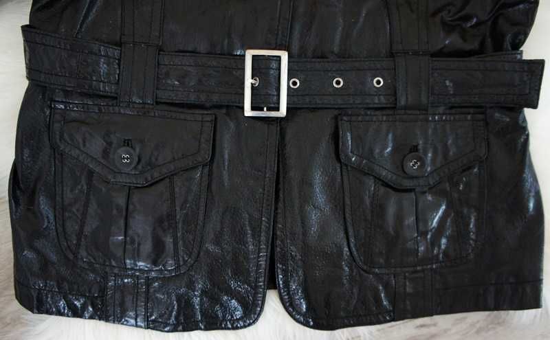 Czarna skórzana kurtka z paskiem, kieszeniami, C&A, M/L (38/40).