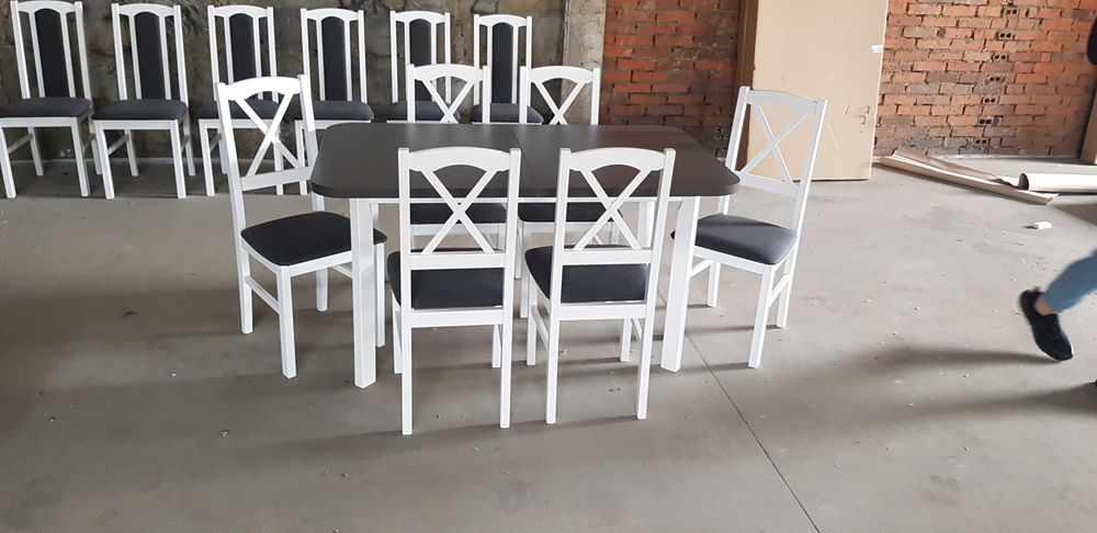 Nowe: STÓŁ 80x140/180 + 6 KRZESEŁ ,biały/blat grafit+grafit (krzyż}