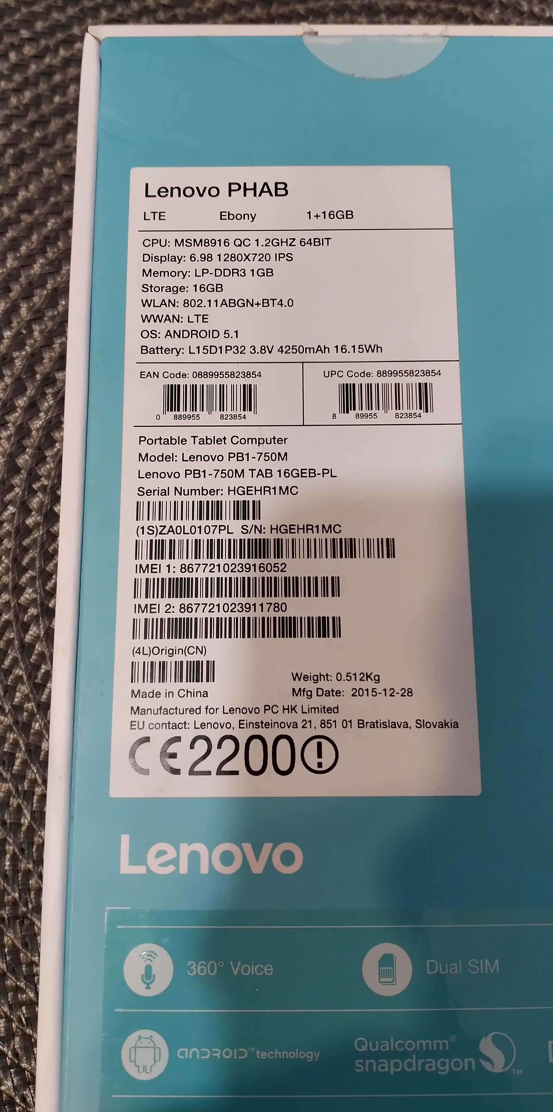 Tablet LENOVO PHAB PB1-750M, 16 GB, Dual SIM, LTE, Ekran 6,98" komplet