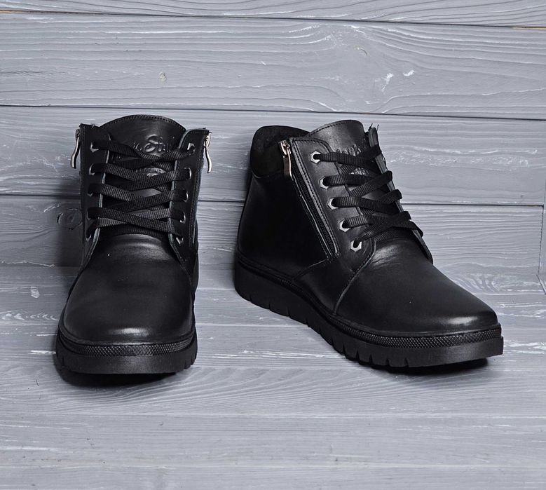 Кожаные зимние мужские черные прошитые ботинки на меху Шнурок 2 змейки