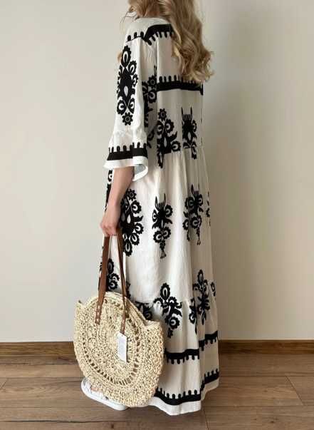 Sukienka długa maxi czarna biała boho lniana bawełna oversize XL