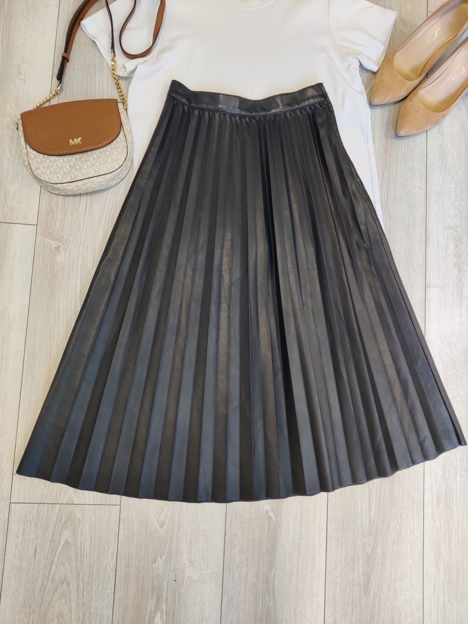 Spódnica midi plisowana eko skóra czarna H&M S/36
