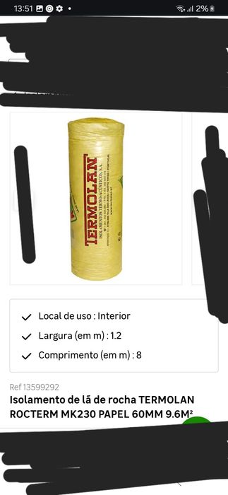 Isolamento de lã de rocha Termolan rocterm mk230 papel 60mm 9.6m²