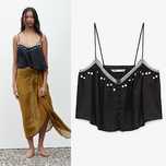 ZARA czarny crop top muślinowy krótka bluzka koraliki boho S