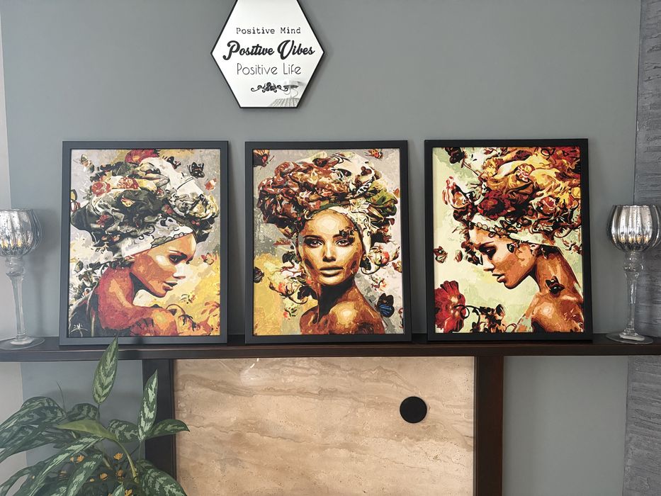 3 obrazy recznie malowane farbami na plotnie w ramkach