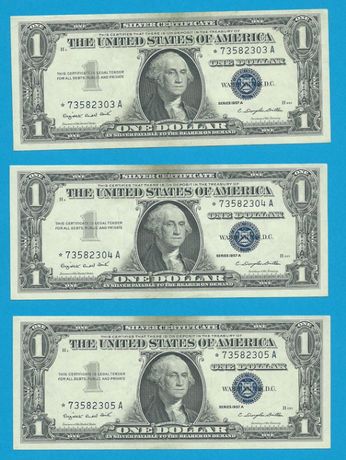1 доллар США 1957 A 3шт. подряд STAR NOTES AU+++ UNC (96)