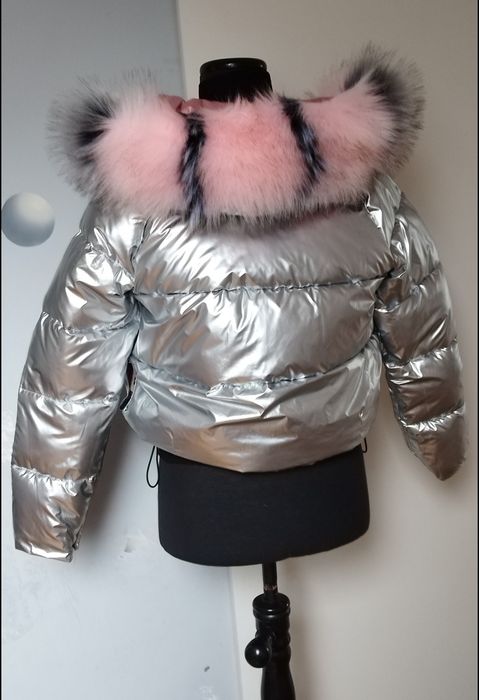 Kurtka dwustronna lakierowanea młodzieżowa srebrna różowa z kapturem