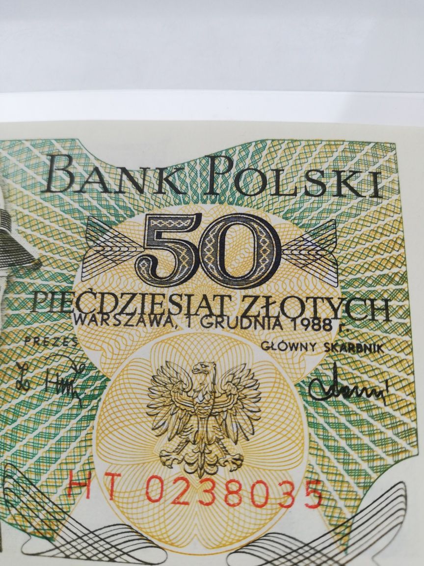 Polska banknot 50 zł 1988 rok z bledem