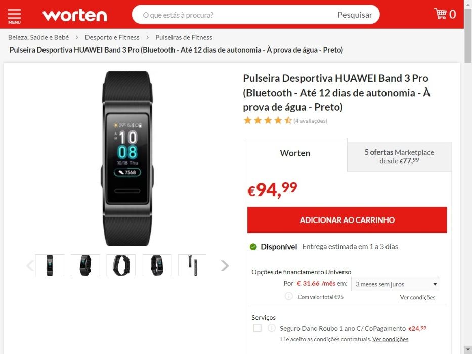 Pulseira Huawei Band 3 Pro-Preta. À prova de água.