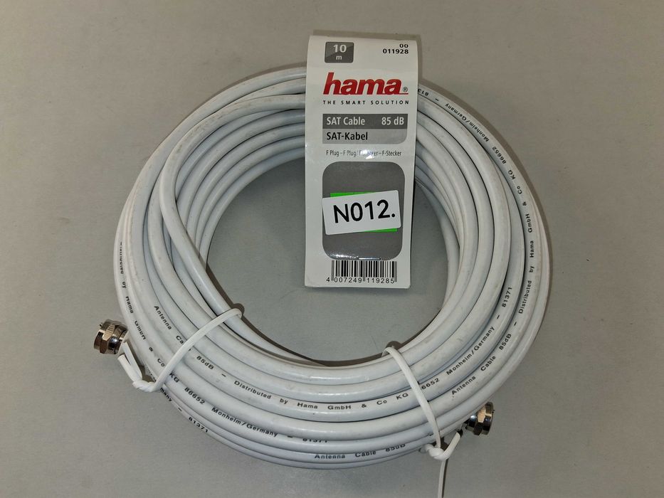 N012 Kabel Antenowy SAT Hama 10m 85 dB Wtyk F Wtyk F Satelitarny Biały