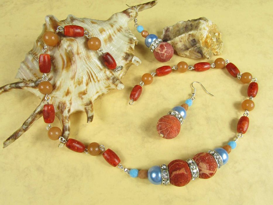 Naszyjnik kolczyki zestaw czerwony cyrkonie koral eko handmade