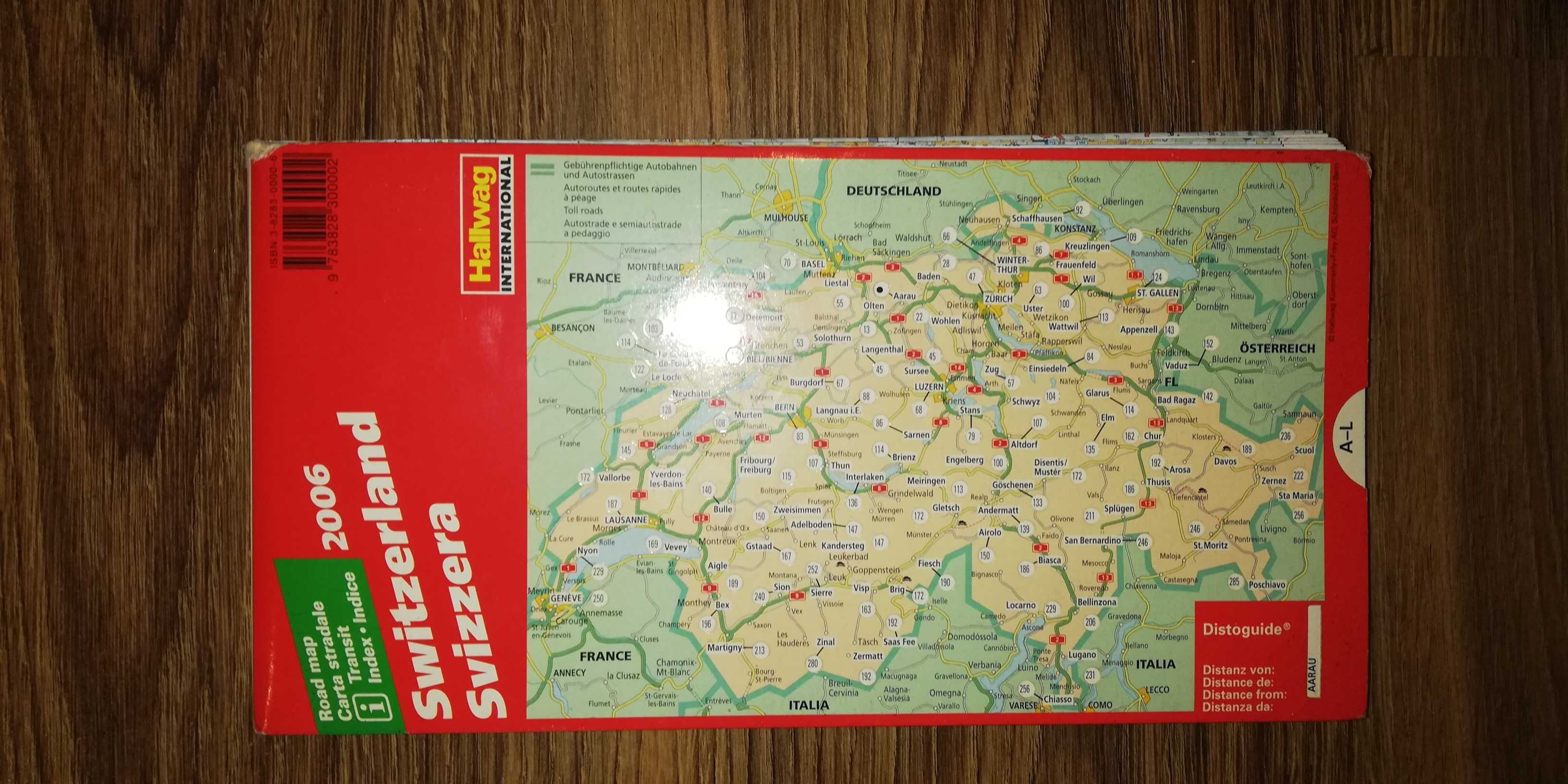 mapa samochodowa papierowa z tabelą odległości Włochy lub Szwajcaria
