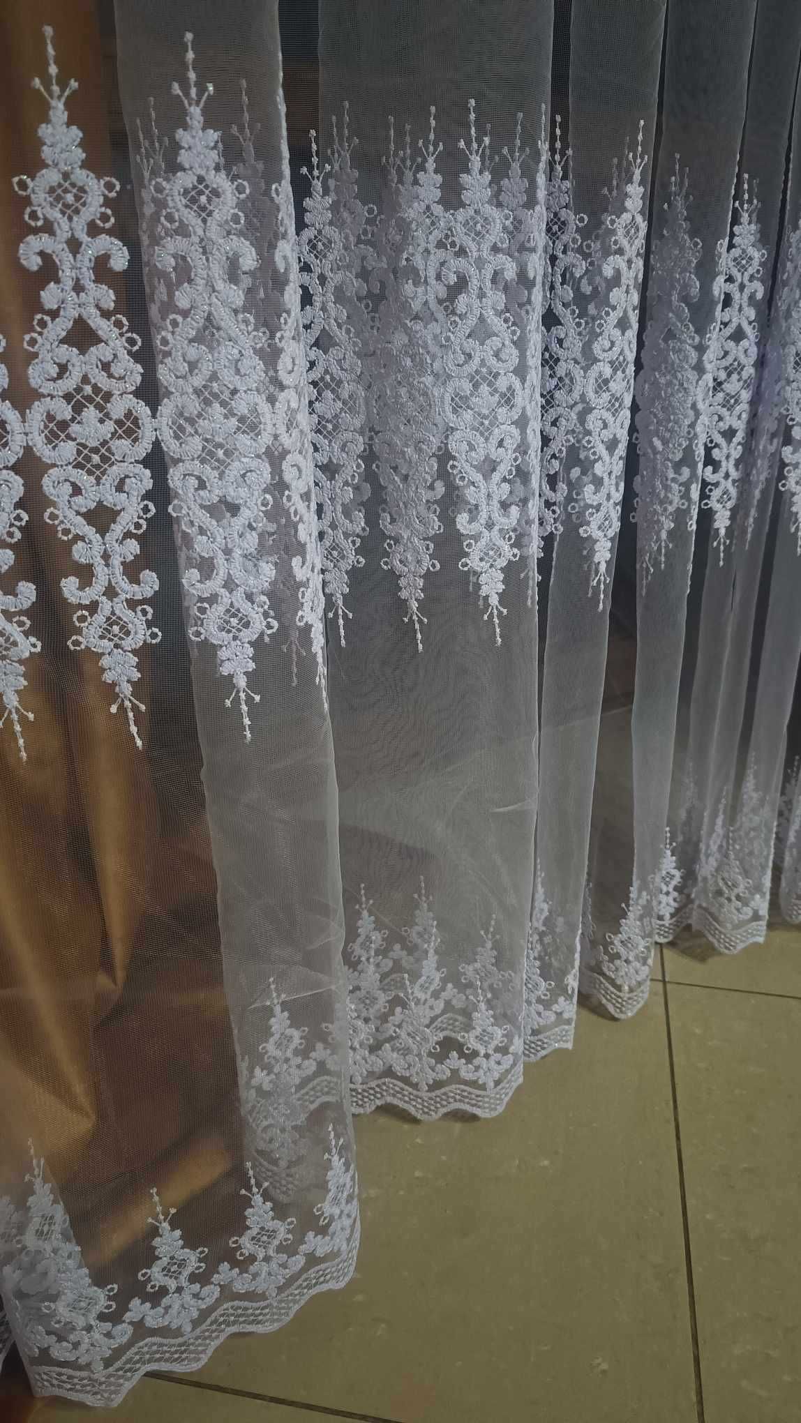 firanki z metra GŁADKA biała+6 rzędów HAFTU, wys 280 cm OBNIZKA