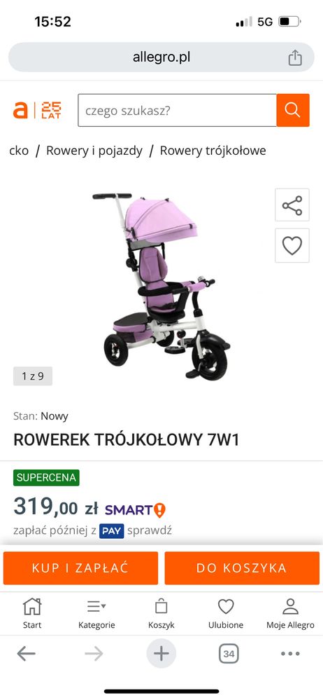 Rowerek trojkołowy costway nowy OKAZJA