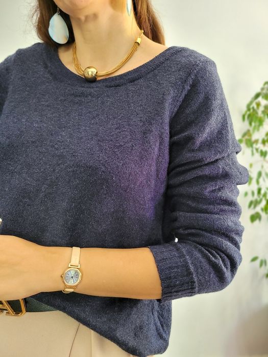 Granatowy sweter damski Vila L miły puchaty wiskozowy koronkowy