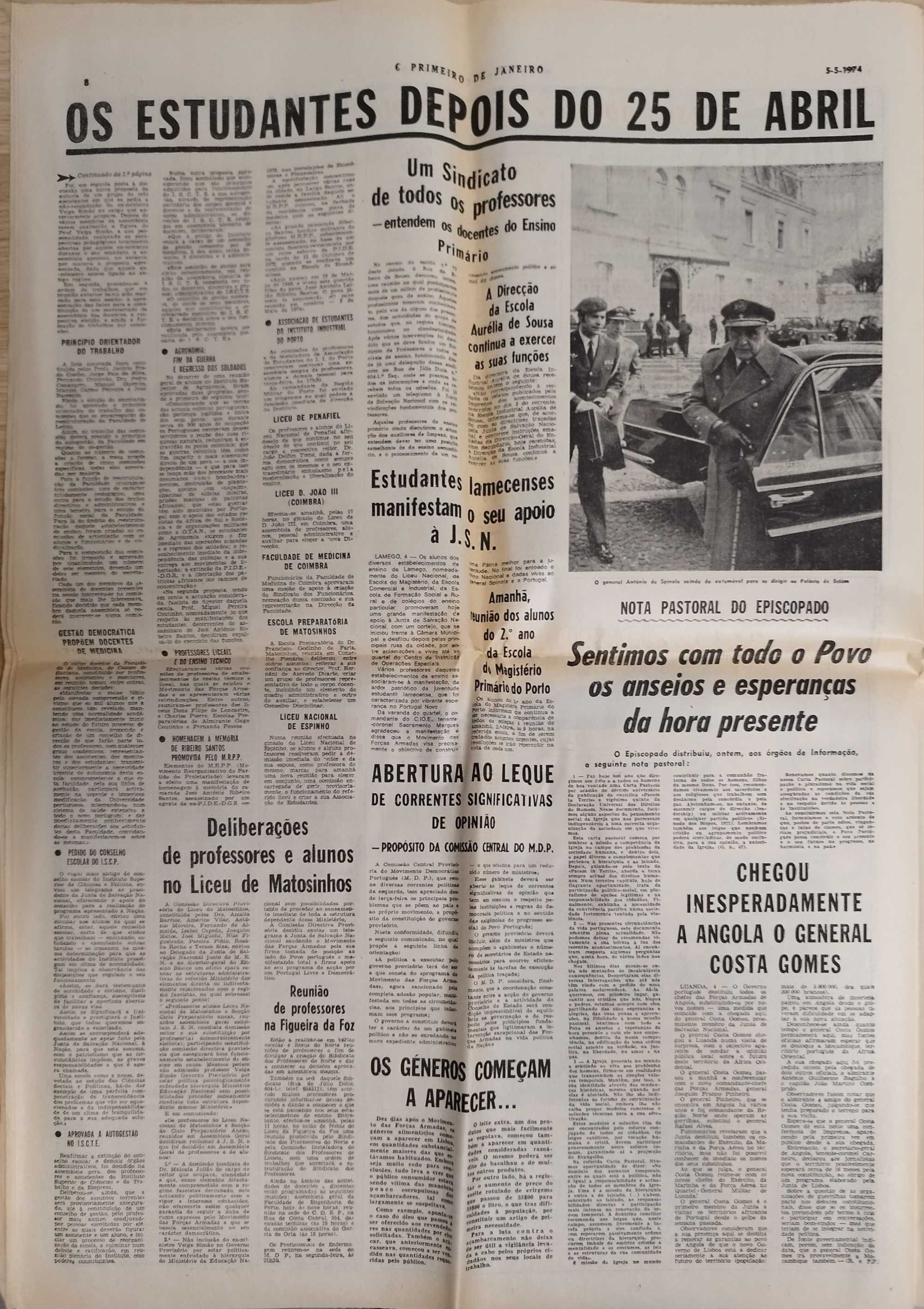 Jornal "O Primeiro de Janeiro" de 5 Maio 1974- após a revolução