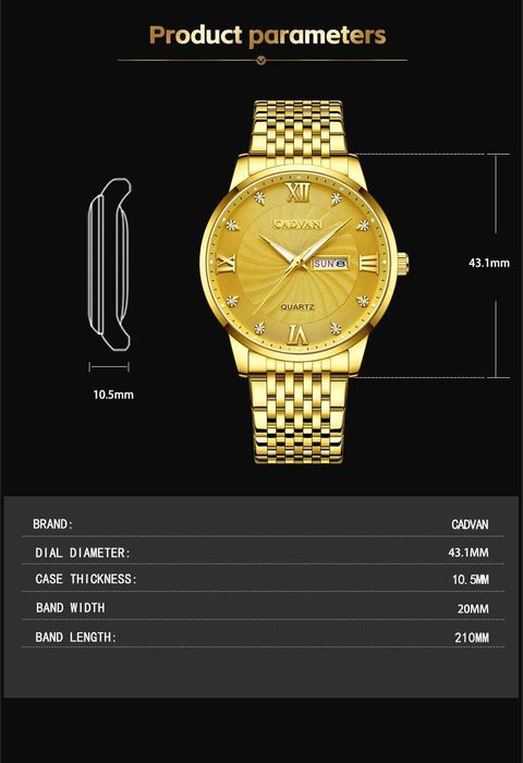 Kwarcowy zegarek męski klasyczny złoty 42mm Cadvan do garnituru luma
