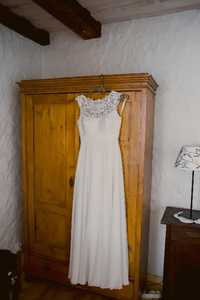 Suknia ślubna z muślinu Maxima S/36 z trenem rustykalna romantyczna