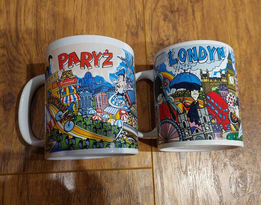 kubki do kawy, herbaty z grafiką miast: Londyn i Paryż