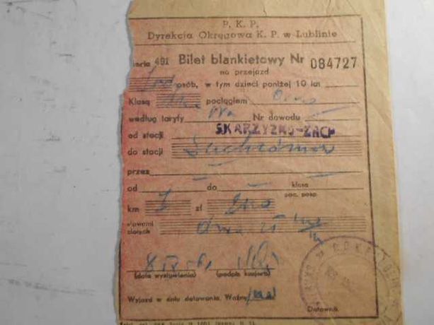 Bilet blankietowy PKP Skarżysko - Zachodnie - Suchedniów  1956 r.