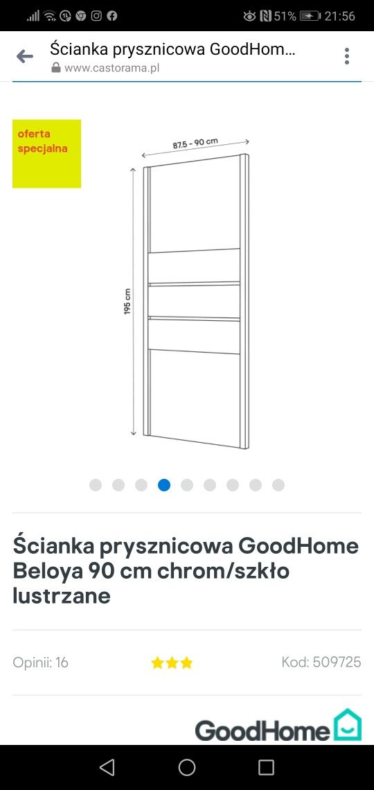 Ścianka przysznicowa GoodHome Beloya 90 cm chrom/szkło lustrzane