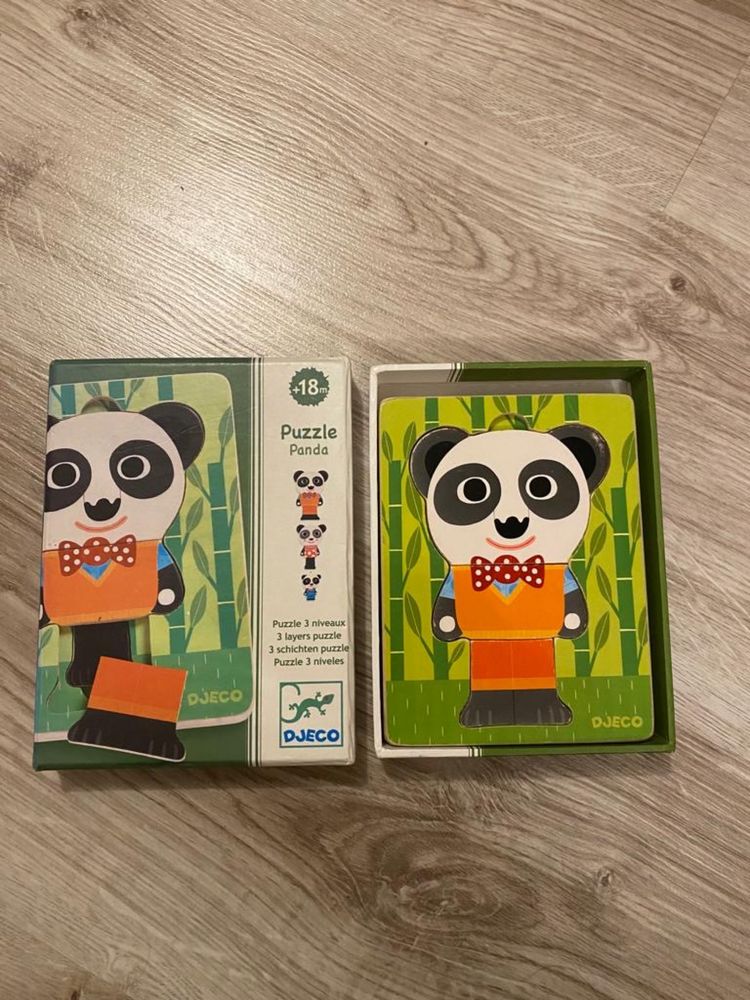 Djeco 2 zestawy puzle pieski,panda warstwowe,drewniane,zwierzaki