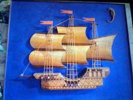 Картина панно барельеф корабль Каравелла парусник в идеальном состояни