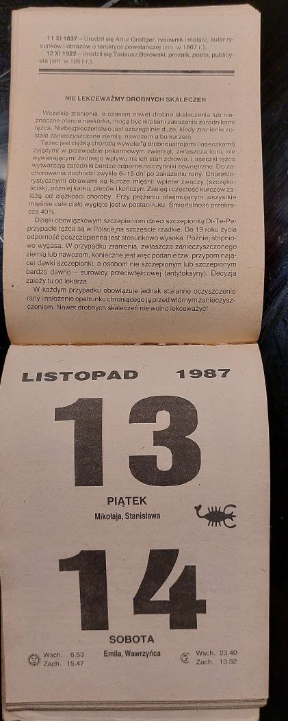 Kalendarz zdzieralny z 1987 r - wersja rodzinna