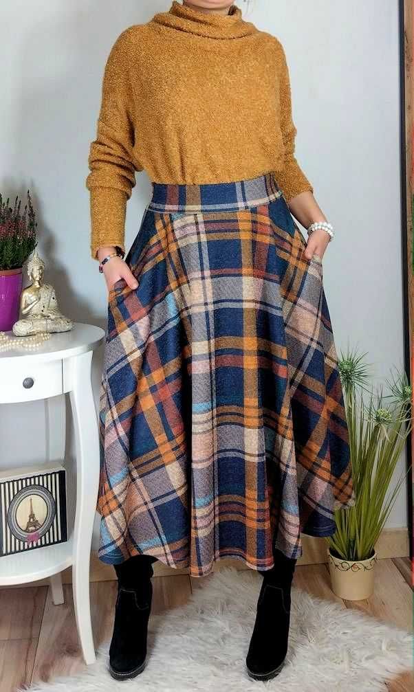 Spódnica w kratę KRATA do połowy łydki na gumie 48 4XL