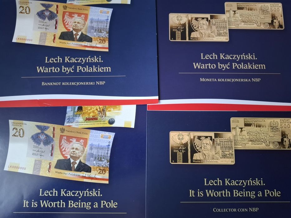 Folder do banknotu i monety Lech Kaczyński - cały zestaw 4 sztuki.