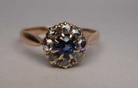 Antyczny złoty pierścionek szafir i diamenty markiza.