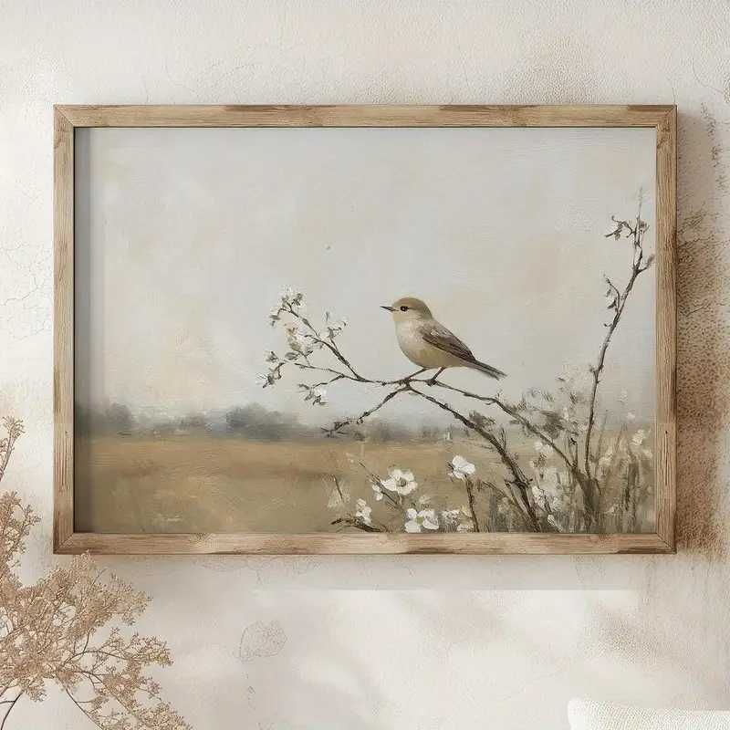 . Plakat Vintage Ptak na Gałęzi - Minimalistyczny Obraz
